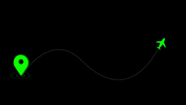 Green airplane icon following a dotted line from a map pin on a black background location marker navigation