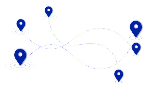 Multiple blue location pins connected by dotted lines on a white background map marker navigation