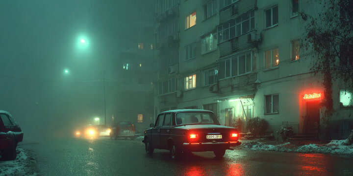 Foggy Soviet-Era Apartment Street at Night with Vintage Car and Neon Lights