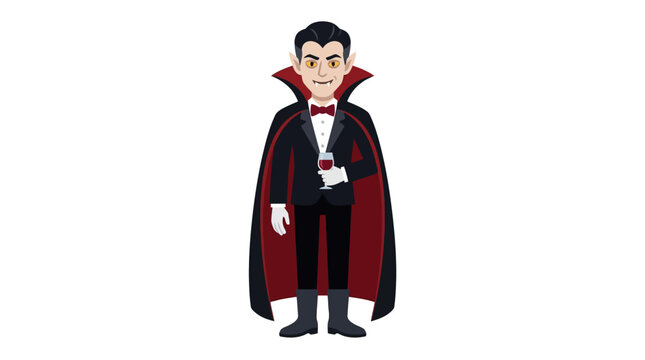 Stylized vampire illustration, depicting a pale-skinned man in a classic black tuxedo with a red bow tie and a dramatic cape, holding a glass of red liquid.