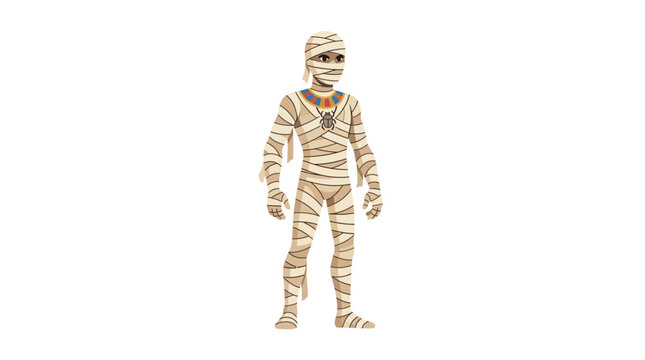 Mummy character illustration depicts an ancient Egyptian figure wrapped in beige bandages, featuring dark eyes and an ornate golden necklace with a red jewel, standing upright on a clean white.