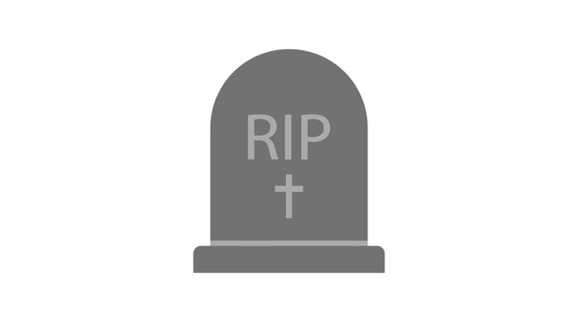 Solemn gray tombstone illustration, prominently featuring the letters 'RIP' and a small cross, signifying remembrance and a final resting place.