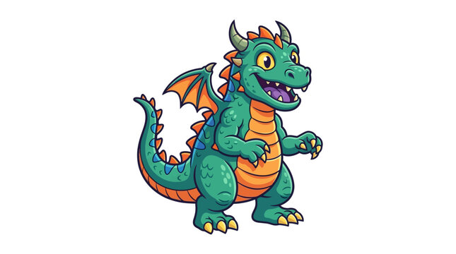 Cartoon green dragon with orange wings and scales stands smiling, showcasing vibrant colors and a playful, friendly demeanor.
