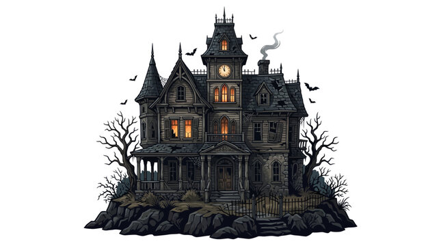 A grand, gothic haunted mansion, with multiple turrets and glowing windows, stands ominously on a rocky outcrop under a dark sky, surrounded by dead trees and bats, perfect for a spooky Halloween.