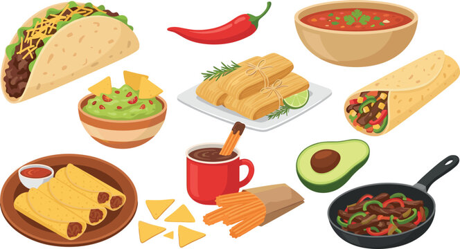 Mexican Food Icon Set with Taco Burrito Tamale Guacamole Salsa and Fajita Skillet Flat Vector Illustration Collection