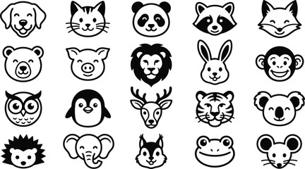 Fototapeta premium Wild animal face icon collection featuring cute forest and zoo wildlife avatars, minimalist vector set for nature, mascot, and branding