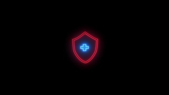 Glowing Neon Medical Shield Icon with Cross Symbol on Black Background video...