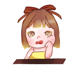Cute Chibi Girl Looking Confused with Hand on Cheek Cartoon Illustration