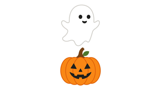 A friendly white cartoon ghost with rosy cheeks floats above a cheerful orange jack-o'-lantern with a carved toothy grin, both isolated on a plain background for a simple Halloween design.