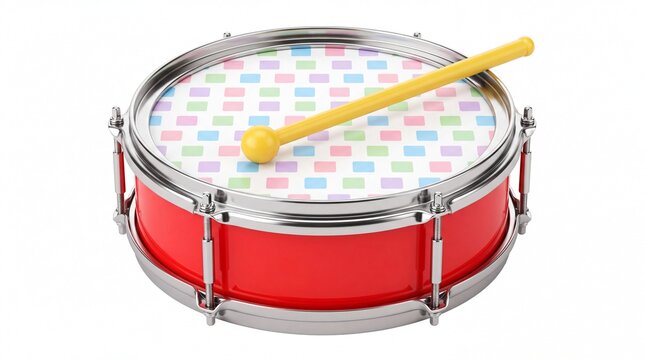 Vibrant red snare drum featuring a yellow mallet with colorful square patterns on white background
