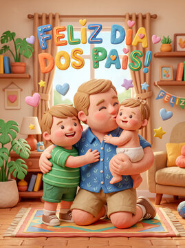 Father hugging children