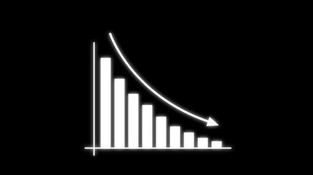 Animated financial bar chart showing negative market trend and declining economic performance with a downward arrow over a minimalist black background, for corporate business presentations