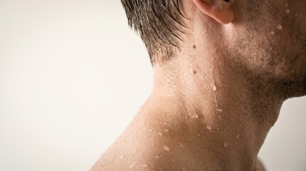 Naklejka premium Extreme close-up of water droplets on mans neck and shoulder after shower, mens body care with copy space