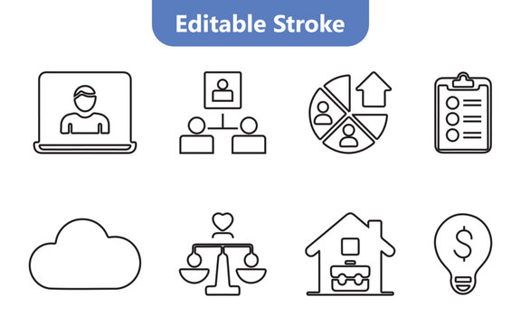 Set of business and management line icons, including remote work, team structure, market share, checklist, cloud, worklife balance, and business home