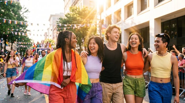 Happy diverse group of friends walking in pride parade celebration