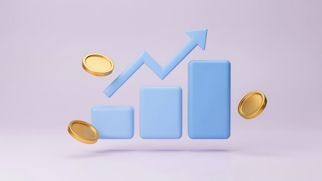 3D bar chart growing with floating gold coins on soft purple background
