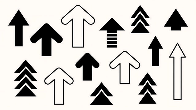 Set of various directional arrows in black and white flat design with direction