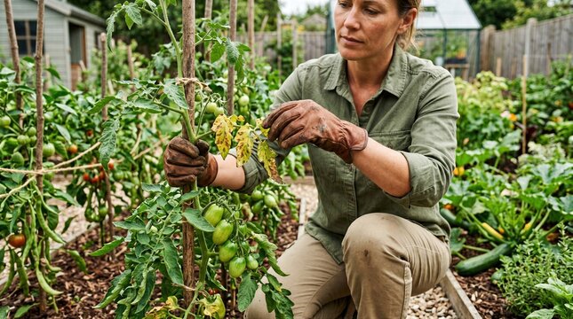 Gardener removes diseased leaves from tomato plant, showing plant hygiene, disease prevention and practical vegetable garden maintenance.
