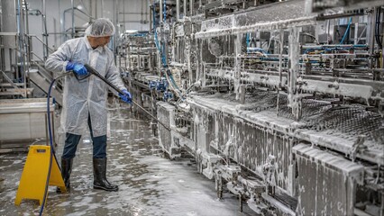 Fototapeta premium Sanitation worker cleaning stainless production line with foam and hose, showing hygiene protocol, food safety and factory maintenance workflow.