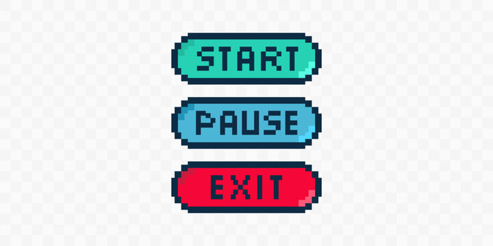 Pixel art buttons for video game menu start pause exit