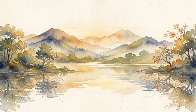 Watercolor Volcanic Lake with Hidden Kawung Batik Reflections in Peaceful Indonesian Landscape