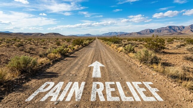 Dirt road with pain relief text and an arrow pointing forward in a vast desert landscape