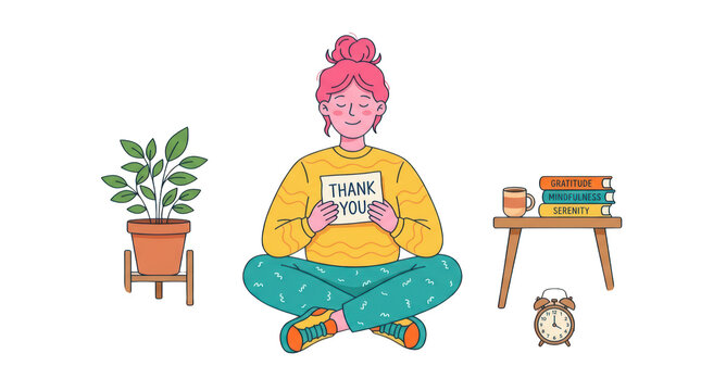 Cute illustration of a girl sitting crosslegged with thank you note in hand isolated on transparent background