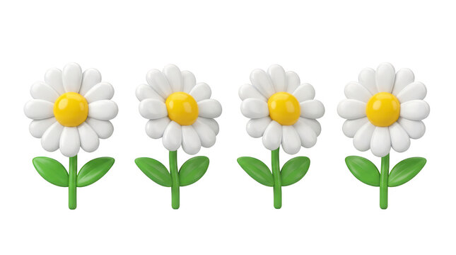 Four cartoonstyle daisies with white petals yellow centers and green stems isolated on transparent background