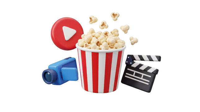 Popcorn bucket with movie icons including camera, clapperboard, and play button isolated on transparent background