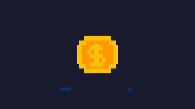 Pixel Art Spinning Coin Rotating on Dark Background Loop
