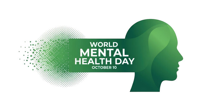 World mental health day celebration poster with green silhouette of head isolated on transparent background