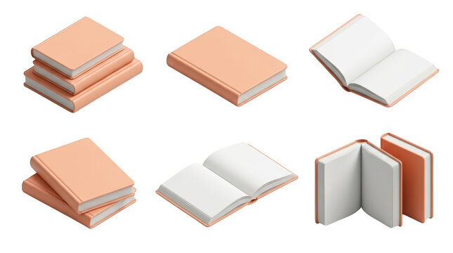 Collection of peachcolored books and notebooks with various open and closed views isolated on transparent background