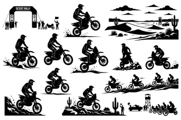 Obraz premium Silhouette motorbike desert rally scenes with riders and landscape elements.