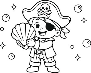 Fototapeta premium Cute Pirate Kid Holding Seashell Coloring Page for Kids, Black and White Outline