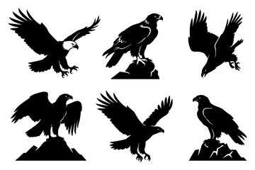 Fototapeta premium Silhouette illustrations of eagles in various poses on rocks.