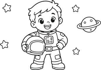 Cute Boy Astronaut Holding Helmet Coloring Page for Kids, Black and White Outline