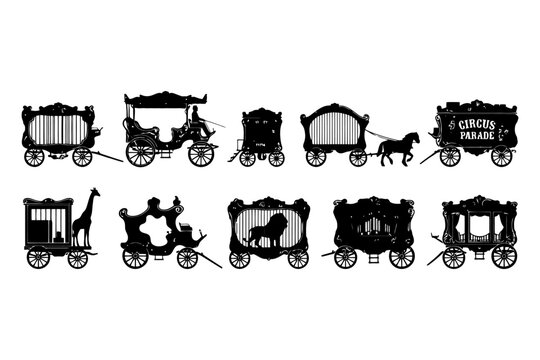 Vintage circus parade wagons silhouette collection with animals.