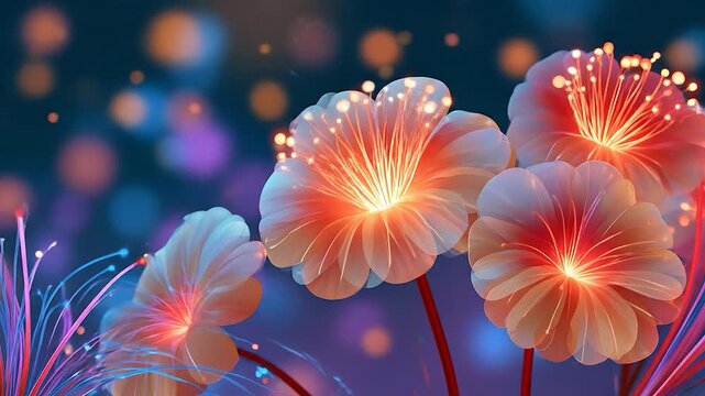 Abstract glowing neon flowers with fiber optic light effect on dark blue background