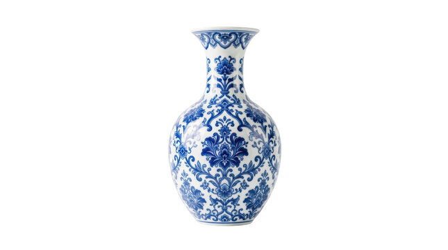 Elegant blue and white porcelain vase with intricate floral patterns and classic design isolated on transparent background