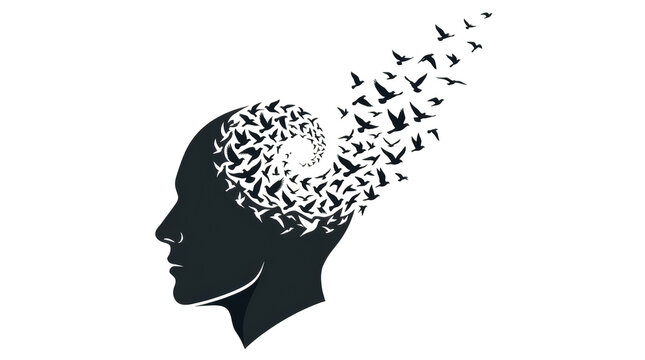 Creative silhouette of a human head with swirling flock of birds in flight isolated on transparent background