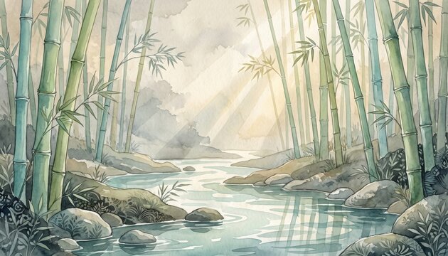 Hand Painted Watercolor Bamboo Canyon with Hidden Batik Botanical Textures