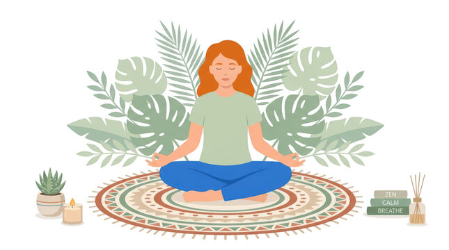 Illustration of a woman practicing meditation in a peaceful indoor setting isolated on transparent background