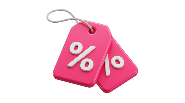 Pink discount tags with white percentage symbols isolated on transparent background