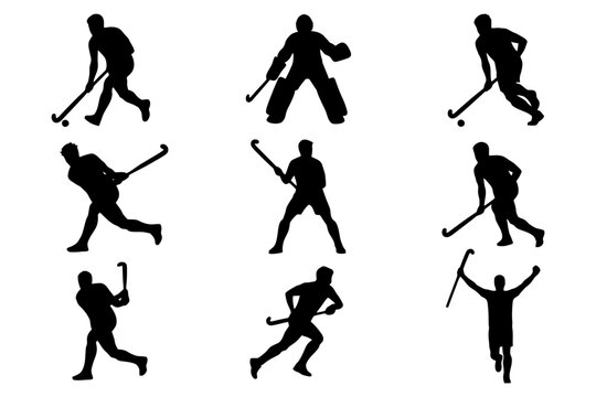 Silhouettes of field hockey players in action.