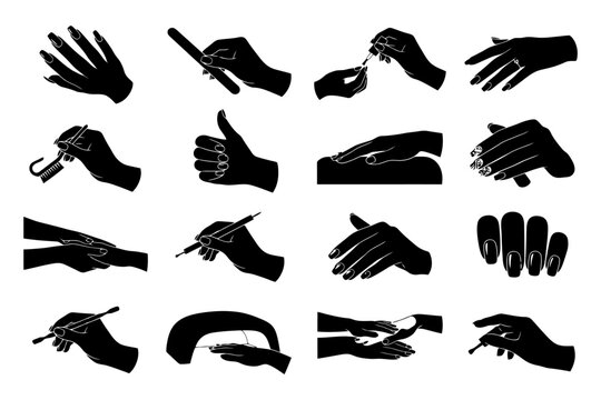 Silhouette hand icons illustrating various manicure and nail care techniques.