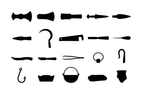 Silhouette collection of vintage tools and weapons.