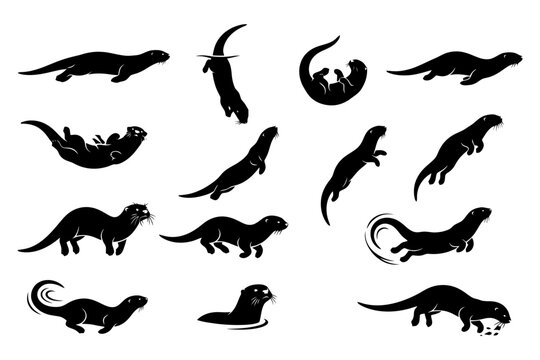 Silhouette of playful otters in various poses.