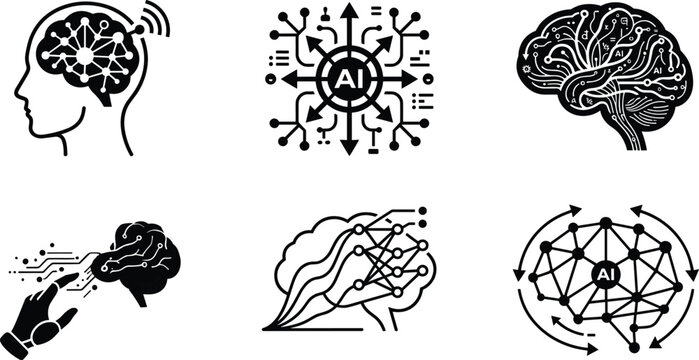 Set of artificial intelligence, machine learning, and deep learning icons with editable vector illustration