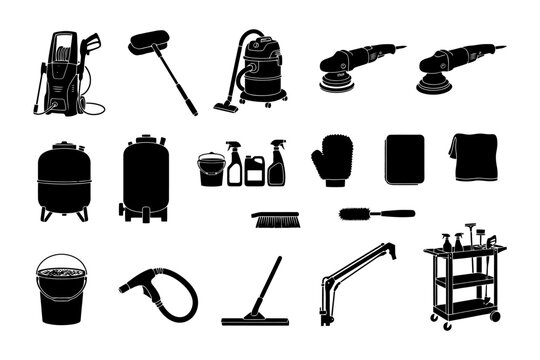 Silhouette collection of car cleaning tools and equipment.