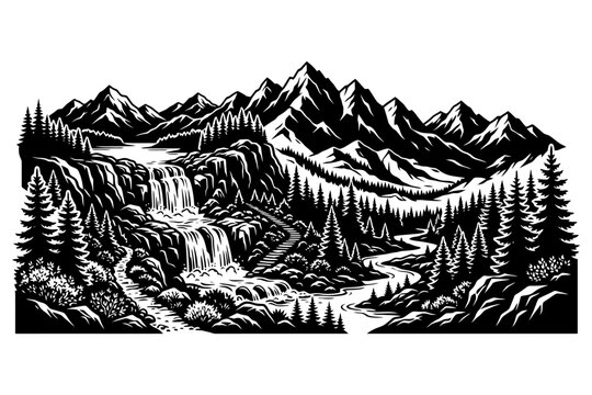 Majestic black and white mountain landscape with waterfall and pine trees.